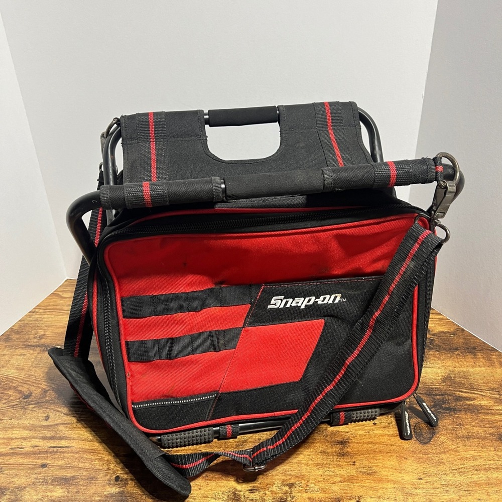 Snap-on Tool Bag with Integrated Folding Seat Stool Red Black Shoulder Strap